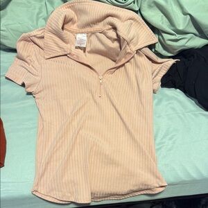 No Boundaries Tan Ribbed Polo Short Sleeve Shirt